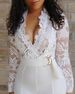 Women's sexy deep v white see-through lace splicing jumpsuit _mkmklike.com
