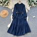 Elegant High-Waisted Denim Dress For Women - Fall A-Line Midi Dress With Belt & Polo Collar_mkmklike.com