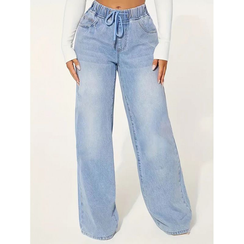 K Women's Denim High Waisted Slimming Drawstring Loose Wide Leg Pants Are Fashionable_mkmklike.com