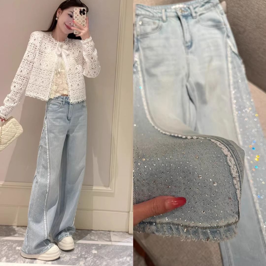Spring New Women's Rhinestone Studded Vintage Washed Jeans European Style Heavy Duty Loose Fit Slimming Straight Leg Pants_mkmklike.com