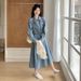 ELLE Blue Retro Hong Kong Style Denim For Women, New Autumn Collection, Super Beautiful Waist-Cinching Youthful Shirt Long_mkmklike.com