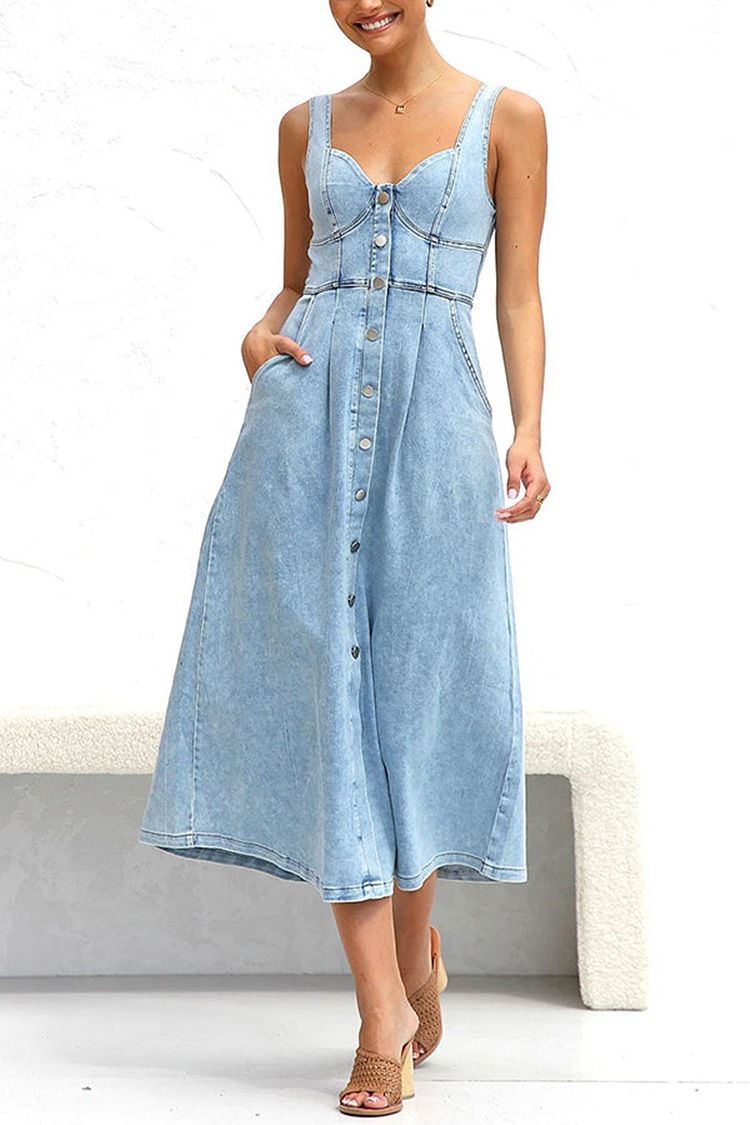 Women's Clothing Denim Suspenders Large Swing High Waist Sleeveless Low Collar Dress Women_mkmklike.com
