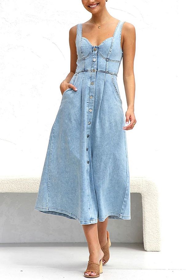 Women's Clothing Denim Suspenders Large Swing High Waist Sleeveless Low Collar Dress Women_mkmklike.com