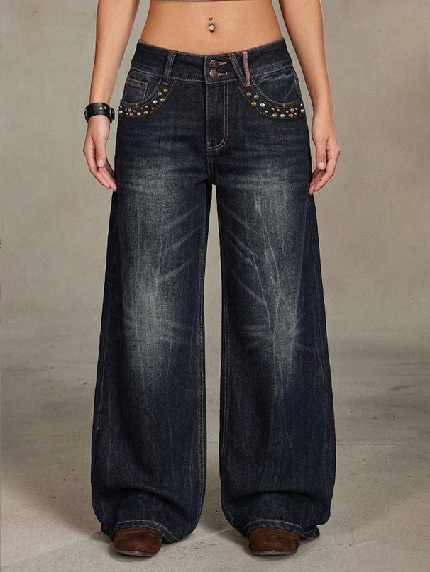 Women's Retro Washed Pattern Straight Leg Jeans TK185 Beaded Design Pocket Detailing Denim Pants_mkmklike.com