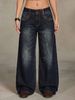 Women's Retro Washed Pattern Straight Leg Jeans TK185 Beaded Design Pocket Detailing Denim Pants_mkmklike.com
