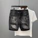 2025 Spring And Summer Fashion Men's Washed, Ripped, Patch, Ink Splashed Slim Fit Small Foot Gray Black Denim Shorts Men_mkmklike.com
