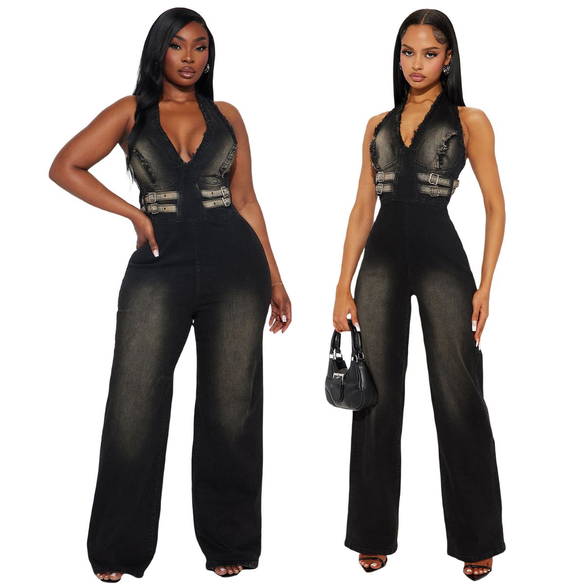 Women's Clothing Tight Waist Slim Elastic Washed Denim Jumpsuit Halter Neck Loose Jumpsuit_mkmklike.com