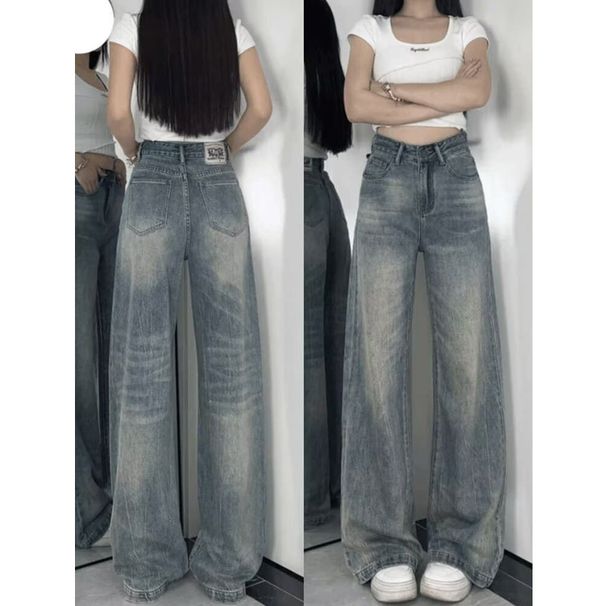 Retro High-Waisted Wide-Leg Jeans for plus Size Women Loose Fitting Straight Leg Solid Color High Street Design Pear Shaped Figure_mkmklike.com