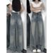 Retro High-Waisted Wide-Leg Jeans for plus Size Women Loose Fitting Straight Leg Solid Color High Street Design Pear Shaped Figure_mkmklike.com