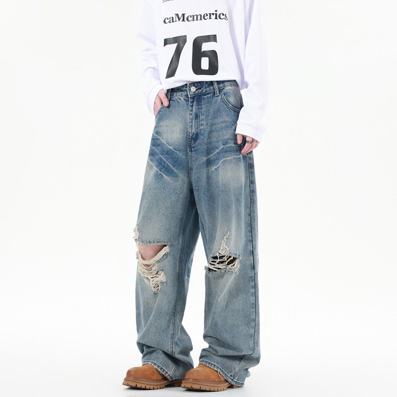 Distressed Loose Fit Denim Jeans For Men – High Street Fashion | Ripped Washed Vintage Wide Leg Pants_mkmklike.com