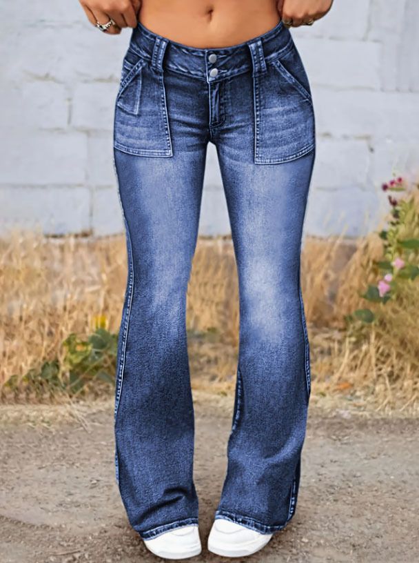High-Waisted Flared Jeans For Women - Stretchy Bootcut Denim Pants With Button Details & Vintage Wash_mkmklike.com