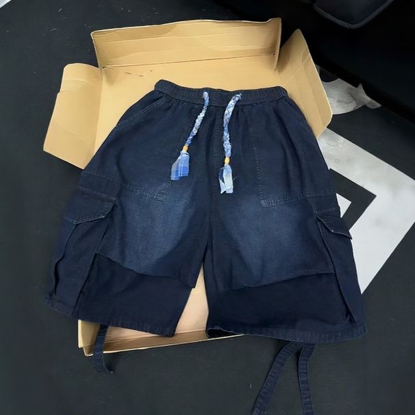 Men's Trendy Versatile Drawstring Cropped Cargo Denim Shorts Multi Pocket Summer Loose High Street Style_mkmklike.com