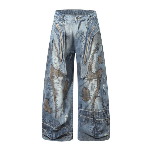 Post-apocalyptic Stained Wide-Leg Jeans For Men, Trendy Washed Vintage Style With Messy Stitching, Embroidery Patches,_mkmklike.com