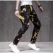 2023 Autumn New Men's Jeans Gold Print Trendy Slim Fit Stretch Skinny Mid-Waist Floral Pants_mkmklike.com