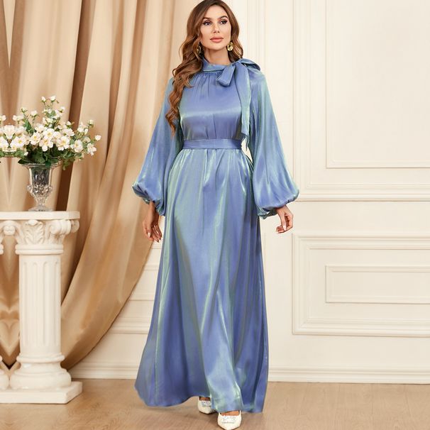Women's Clothing Middle East Women's Arabian Clothing New Lace up Pure Color Cross border Long sleeved Dress_mkmklike.com