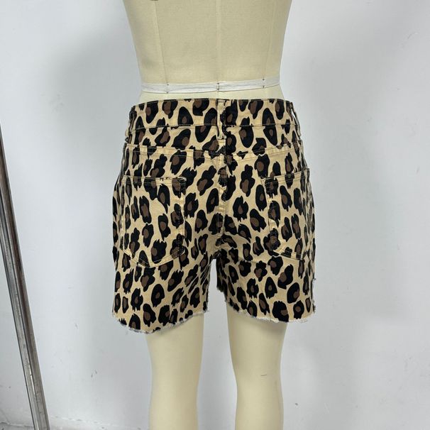 K New Retro Leopard Print Ripped Edge High Waisted Denim Shorts For Women_mkmklike.com