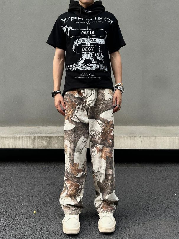 Unisex American Style Graffiti Maple Leaf Camouflage Jeans Straight Leg Casual Trousers Jackson WangInspired Fashion_mkmklike.com