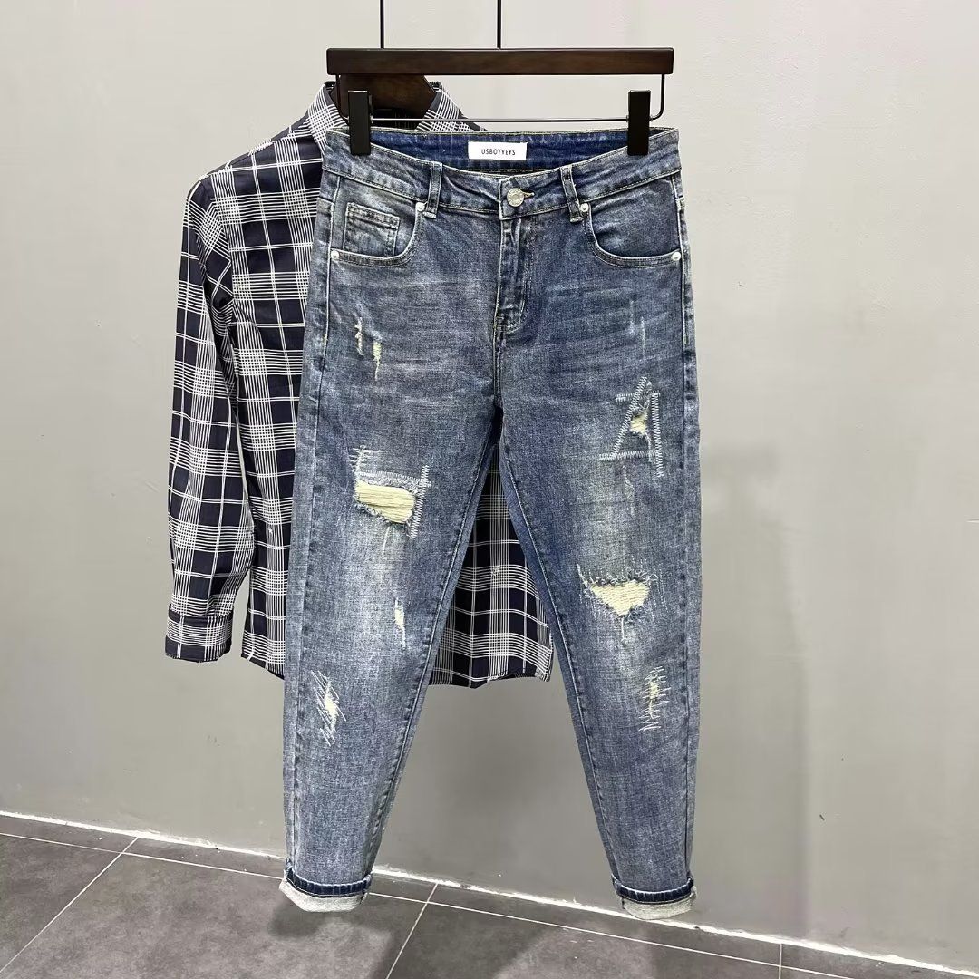 Men's Clothing Trendy Branded Hole Patch Casual Pants Slim Trendy Handsome And Versatile Beggar Pants_mkmklike.com