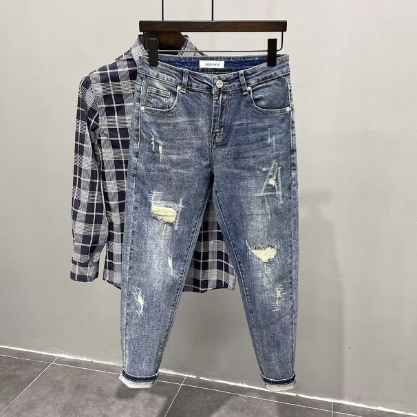 Men's Clothing Trendy Branded Hole Patch Casual Pants Slim Trendy Handsome And Versatile Beggar Pants_mkmklike.com