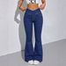 TK182 Women's Dark Blue Stretch Crossover V Waist Slightly Flared Jeans Hip Lifting Flared Pants European American Style Hot Girl_mkmklike.com