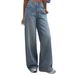 Women's Front Rhinestone Loose Wide Leg Pants Mid Waist Jeans Trousers Street Style Clothing_mkmklike.com