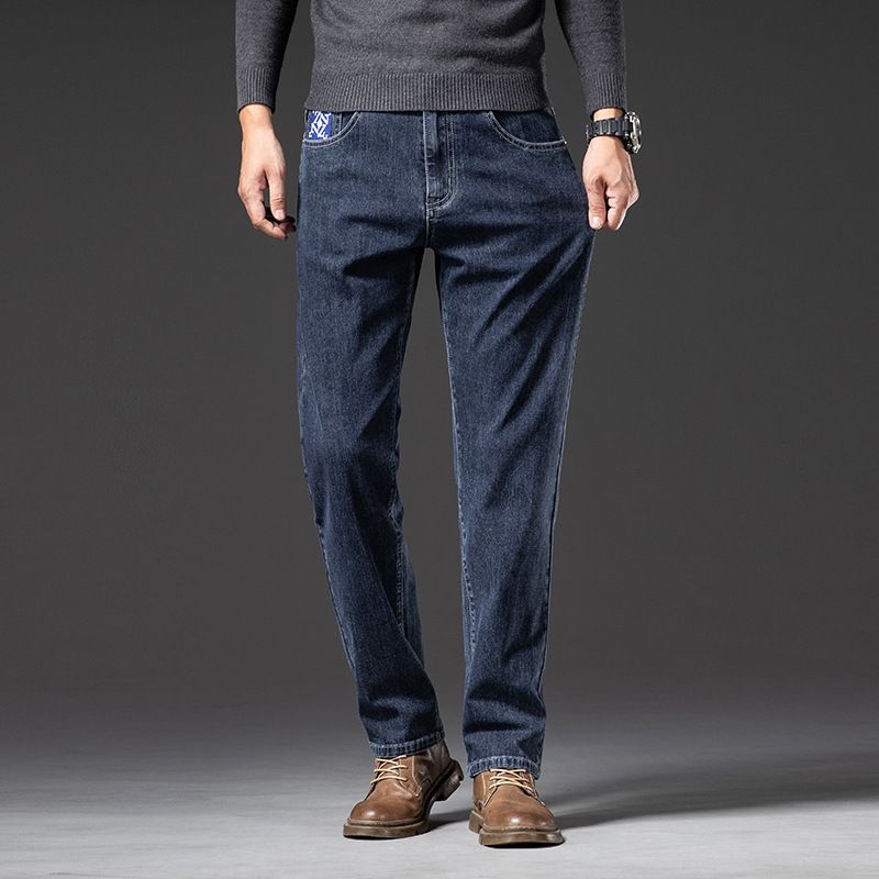 Four Seasons Embroidered Slim-fit Korean Jeans Men's Elastic Versatile Straight Pants Men's Fattened Plus Size Business Pants_mkmklike.com