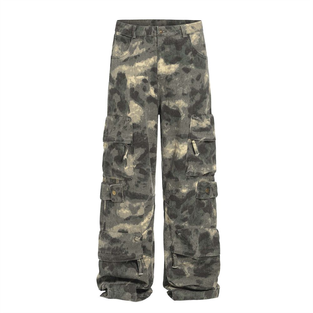 Men's Camouflage Cargo Tie-Dye Niche Loose Wide-Leg Denim Long Design Functional Style Multi-Pocket Tactical Pants_mkmklike.com