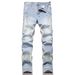 Men's Slim Straight Jeans With Fashion Hole Embroidery Patch - Comfortable Cotton Denim Pants For Casual Wear (Sizes 28-42)_mkmklike.com
