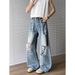 Unisex Vintage High Street Distressed Denim Pants Relaxed Fit Slight Flare Clean Aesthetic Artisan Washed Blue Jeans Men's Clothing_mkmklike.com