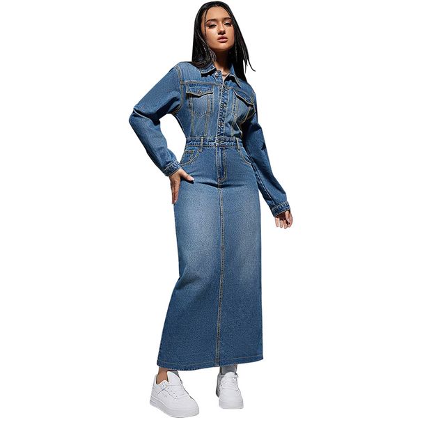 Women’s Relaxed Denim Dress – Lapel Button Front & Side Slit Casual Maxi Dress (S-2XL)_mkmklike.com
