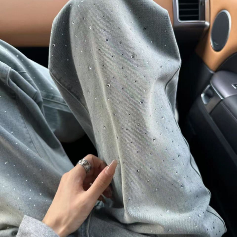 Women's Clothing Light Blue High-Waisted Straight Leg Jeans Women's Rhinestone Design Slimming Loose Fit Narrow Leg Wide Leg Pants_mkmklike.com