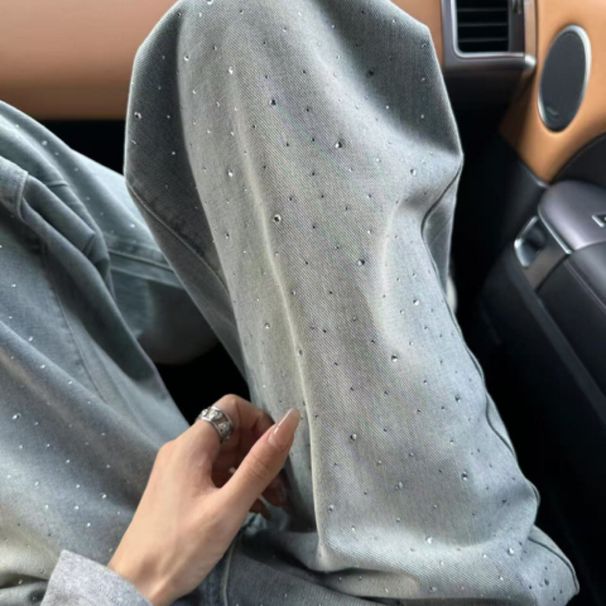 Women's Clothing Light Blue High-Waisted Straight Leg Jeans Women's Rhinestone Design Slimming Loose Fit Narrow Leg Wide Leg Pants_mkmklike.com