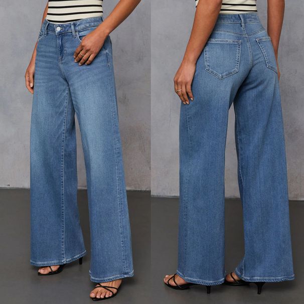 Stretch Denim Wide Leg Pants For Women - Comfortable Mid Rise Blue Jeans With Wash Effect, Perfect For Casual & Office Wear (S-2XL)_mkmklike.com