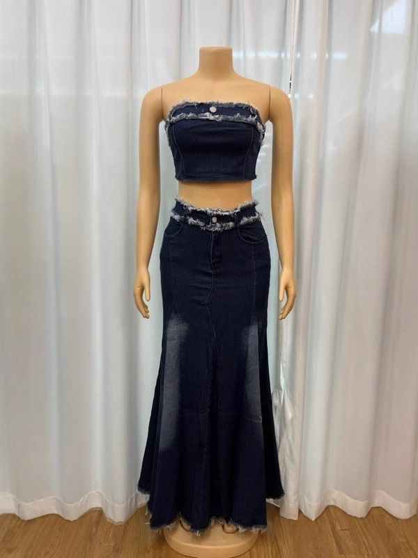 Women's Clothing New Fashion Sexy Tube Top Waist Denim Long Skirt Suit_mkmklike.com