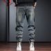 Men's Fashion Jeans Retro Work Pants With Cuffed Hem - Casual Streetwear Hip Hop Style For Winter_mkmklike.com