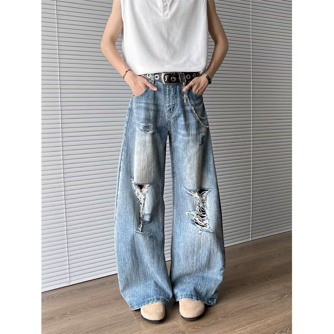 Unisex Vintage High Street Distressed Denim Pants Relaxed Fit Slight Flare Clean Aesthetic Artisan Washed Blue Jeans Men's Clothing_mkmklike.com