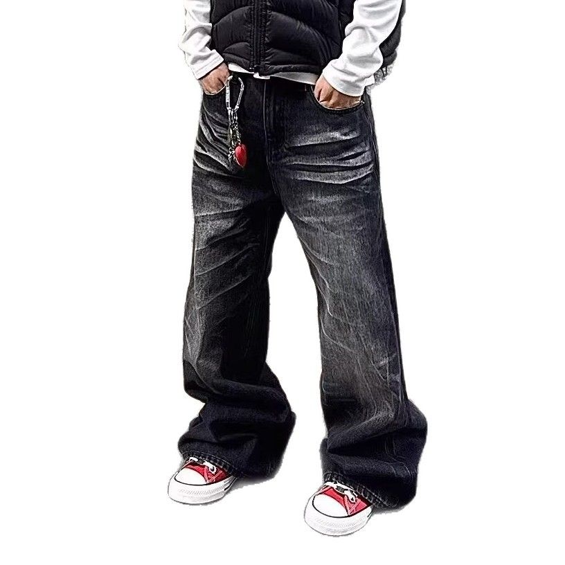Vintage Washed Black Distressed Flared Jeans For Men & Women, Retro American Style High Waist Wide Leg Denim Pants_mkmklike.com