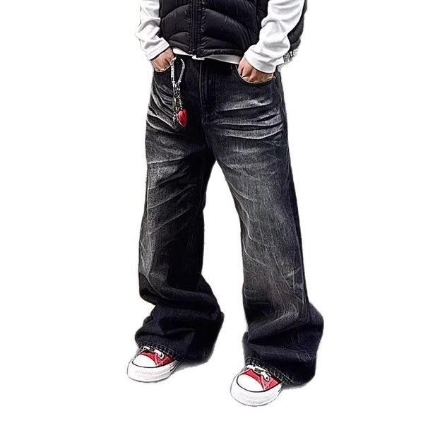 Vintage Washed Black Distressed Flared Jeans For Men & Women, Retro American Style High Waist Wide Leg Denim Pants_mkmklike.com