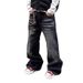 Vintage Washed Black Distressed Flared Jeans For Men & Women, Retro American Style High Waist Wide Leg Denim Pants_mkmklike.com