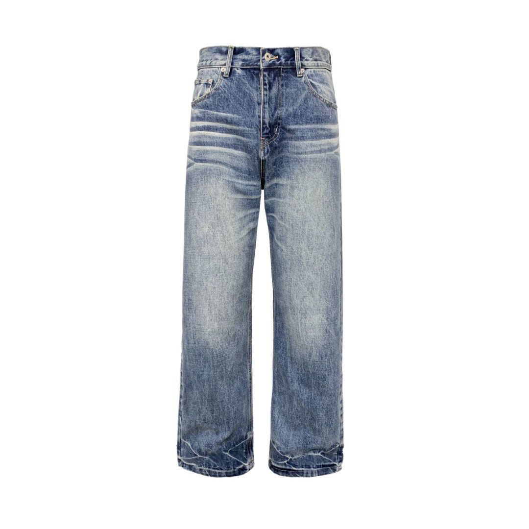 Men's Retro Straight-Leg Jeans - Honeycomb Distressed Denim Pants With Heavy Vintage Wash, Slim Fit Classic Workwear Style For Casual Wear_mkmklike.com