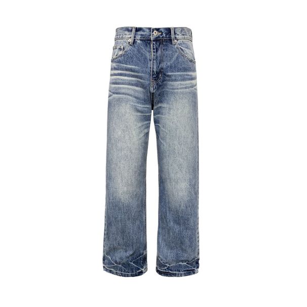 Men's Retro Straight-Leg Jeans - Honeycomb Distressed Denim Pants With Heavy Vintage Wash, Slim Fit Classic Workwear Style For Casual Wear_mkmklike.com
