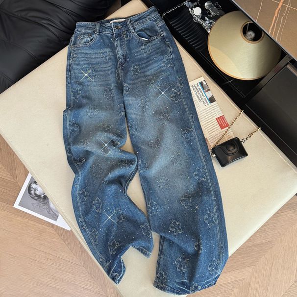 Women's Clothing Women's High-Waisted Straight Leg Jeans Blue Floral And Rhinestone Embroidery Retro Wide Leg Design For Spring And Autumn_mkmklike.com