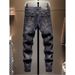 Men's Clothing Handsome Personality Black And Gray Paint Scratched Jeans All Match Slim Ink Splash Hole Pants_mkmklike.com