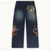 Vintage Print Straight Leg Jeans For Men, Relaxed Fit Loose Trousers, Retro Floral Pattern, Comfortable Cotton Blend, Casual Wide Leg Pants_mkmklike.com