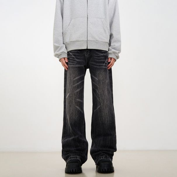 Men's Clothing High Street Design Lightning Pattern Jeans Men's Trendy Loose Straight Versatile Wide Leg Long Pants_mkmklike.com