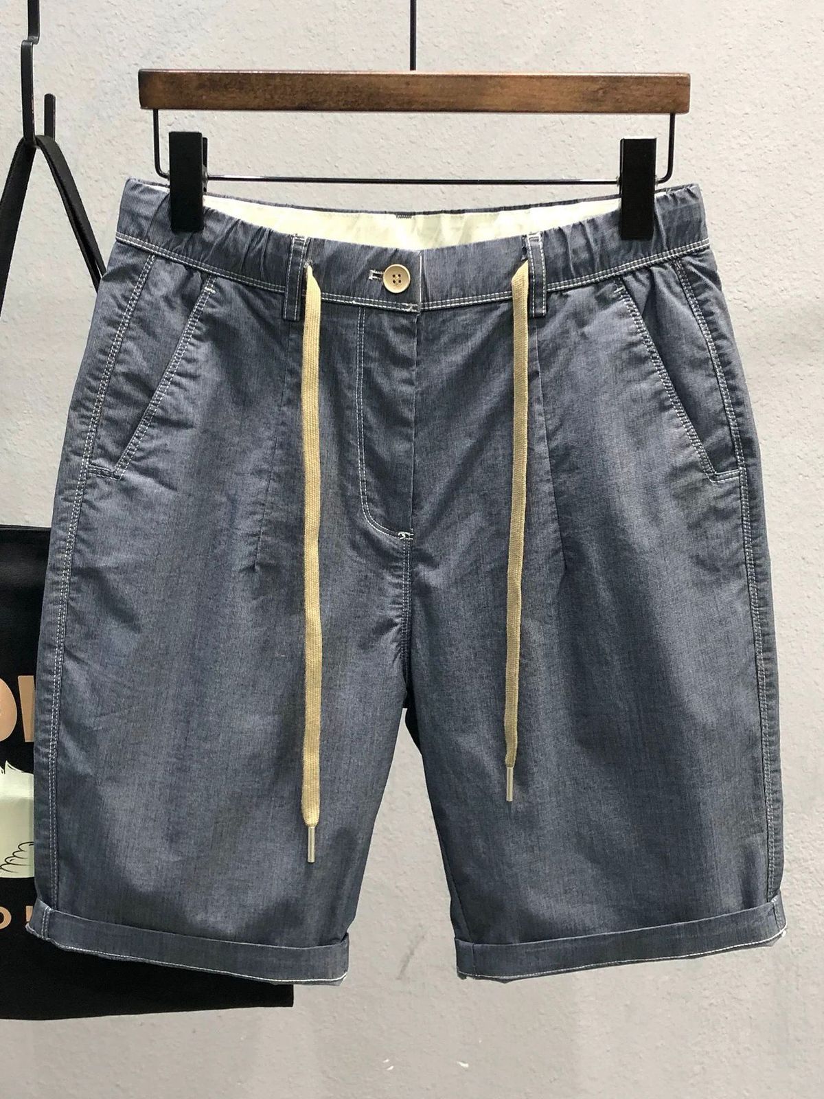 Men's Clothing Loose Casual Khaki Outer Wear Elastic Waist Stretch Denim Shorts_mkmklike.com