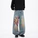Men's Trendy High Street Style Washed Distressed Printed Graffiti Jeans Loose Straight Leg Wide Leg Pants For Spring Autumn_mkmklike.com