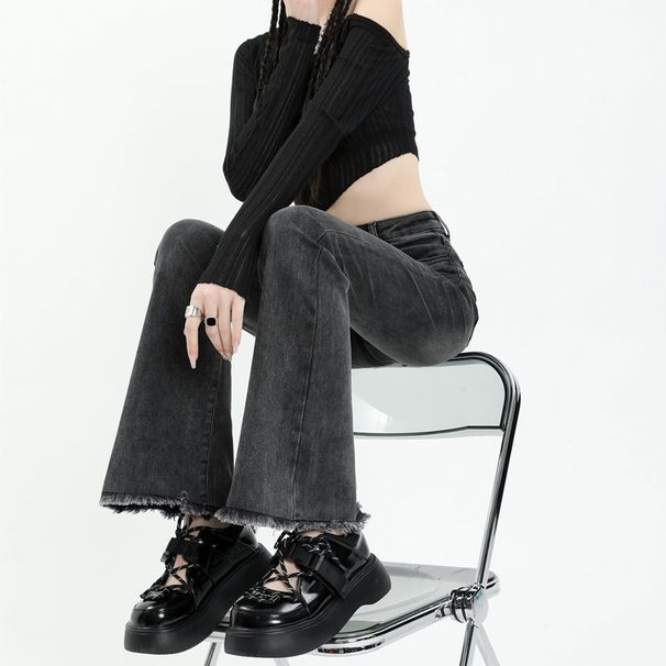 Women's High-Waisted Grey Flared Jeans Slimming Ankle-Length Elastic Frayed Hem Perfect for Autumn Winter_mkmklike.com