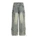 Multi-Pocket Cargo Jeans For Men Punk Heavy-Duty Distressed Washed Three-Dimensional Deconstructed Wide-Leg Straight_mkmklike.com