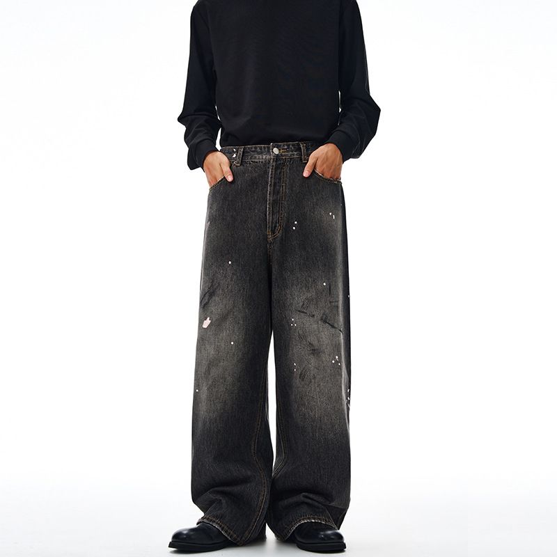 Streetwear Splatter Paint Baggy Jeans – Unisex Oversized Straight-Leg Denim, 81.3% Cotton, Distressed Wash & Graffiti-Inspired Detailing_mkmklike.com